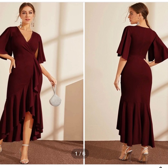 Romwe Semi Formal Wrap Ruffle Trip Maxi Maroon Dress - Picture 5 of 5